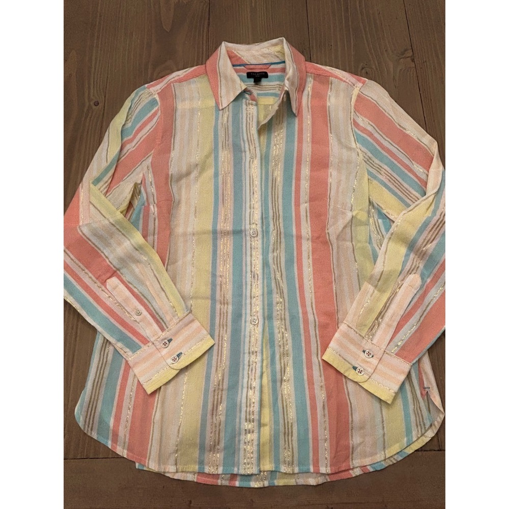 A20 Talbots Petite Striped Gold Metallic Lurex‎ Button Down Shirt Coral Aqua SP